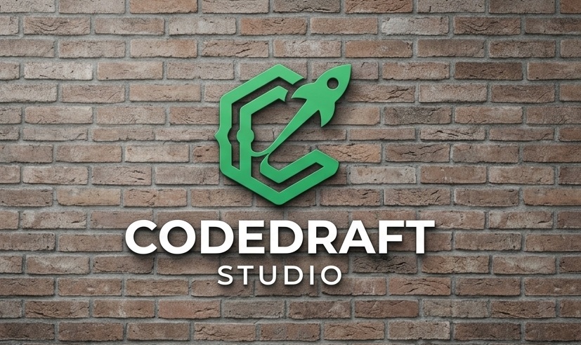 Logo CodeDraft Studio em uma parede de tijolos